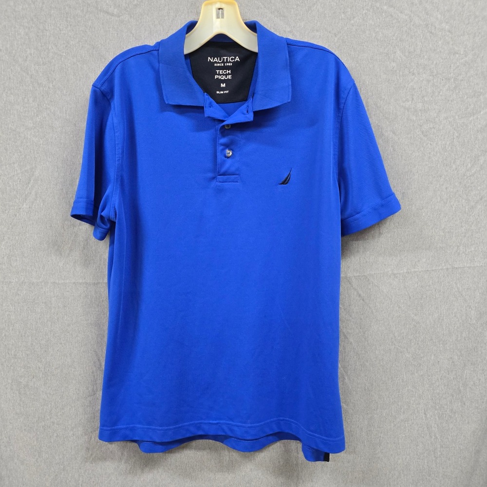 Nautica Mens Tech Pique Polo Shirt Royal Blue Slim Fit Medium Polyester